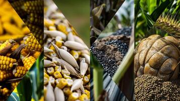 un' montaggio di fotografie Spettacoli diverso tipi di biocarburante produzione a partire dal raccolta colture come come Mais e canna da zucchero per conversione rifiuto in energia. ogni foto è accompagnato di un' didascalia