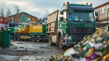 un' camion caricato con bidoni di cibo rifiuto parcheggiata al di fuori un' raccolta differenziata pianta dove esso volontà essere convertito in biocarburante riducendo il carbonio orma di rifiuto trasporto. foto