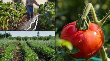 un' collage di immagini mostrando il vario stadi di Ritaglia irrigazione utilizzando soaker tubi e biodiesel pompe. il primo Immagine Spettacoli un' contadino a piedi attraverso un' campo posa su il soaker foto