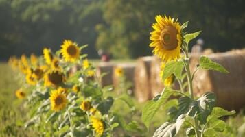 un' gruppo di lavoratori accuratamente tend per alto salutare girasoli in crescita nel un' campo con grande pile di fieno balle nel il sfondo. il Immagine servi come un' promemoria di il difficile opera e foto