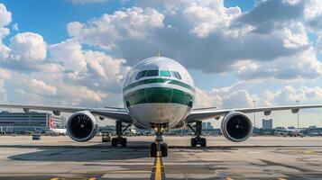 nel un' vivace aeroporto il odore di Jet carburante è rappresentante di il distinto profumo di biocarburante come un' passeggeri Jet prepara per decollare. il verde e bianca strisce su suo esterno simboleggiare il foto