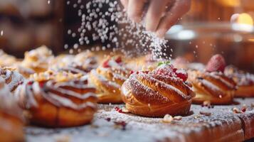 nel un' raffica di eccitazione e creatività il fornai passione per pasticcini è su pieno Schermo come essi sapientemente spruzzatina condimenti su un' lotto di appena al forno tratta. il risultato è un' foto