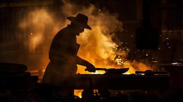 un' silhouette di un' maniscalco delineato contro il ardente splendore di il fucina in mostra il intenso calore di il lavoro. foto