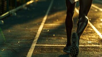 il giocare di leggero e ombra su il coscia muscolo rivela il corridori forza e atletismo con ogni passo. foto