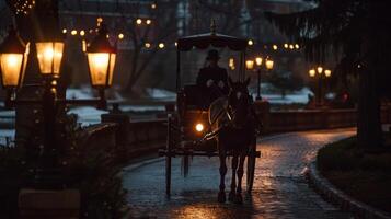 un' Veicolo trainato da cavalli carrozza passa sotto un' serie di gas lampade la creazione di un' nostalgico atmosfera foto