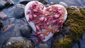 un' avvicinamento di un' bianca a forma di cuore roccia coperto nel delicato rosa e viola alga marina, lavato a terra di il marea. foto