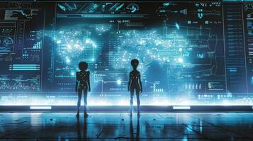 Due figure uno umano e uno alieno In piedi indietro per indietro nel davanti di un' grande schermo pieno con dati e equazioni. essi apparire per essere . foto