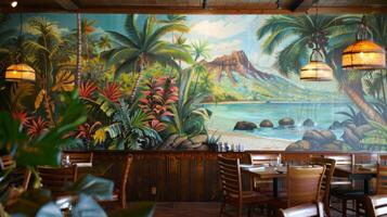grassetto e colorato murales raffigurante isola vita e cultura adornano il muri dando ospiti un' gusto di il tropici mentre essi cenare foto