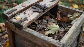 un' di legno concime bidone con un' incernierato coperchio pieno con un' ricco miscela di le foglie e erba ritagli foto