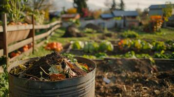 un' Comunità azienda agricola con un' concime bidone costantemente essere rifornito con letame e avanzi colture foto