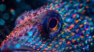 macro Immagine di un' raggiante sottomarino creatura etichetta con vivace colori e intricato bilancia foto