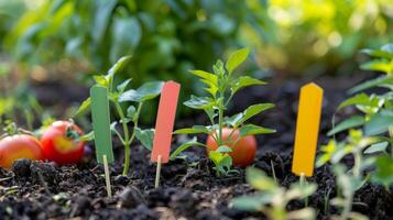 un' impostato di brillantemente colorato giardino marcatori Perfetto per etichettatura diverso impianti e verdure foto