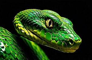 serpente con bellissimo verde pelle struttura su un' nero sfondo. testa di un' serpente. foto