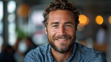 bello uomo con Riccio capelli sorrisi nel un' bar ambientazione foto