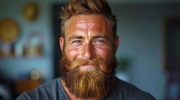 bello uomo con Riccio capelli sorrisi nel un' bar ambientazione foto