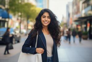 donna a piedi su città strada con un' Sorridi foto