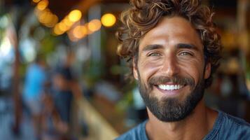 bello uomo con Riccio capelli sorrisi nel un' bar ambientazione foto