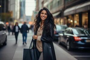 donna a piedi su città strada con un' Sorridi foto