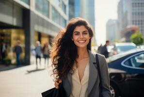 donna a piedi su città strada con un' Sorridi foto