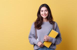 giovane donna Tenere giallo libro contro giallo sfondo foto