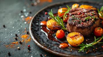 grigliato bistecca cena con rosmarino e arrostito patate foto