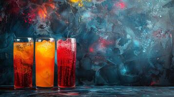 tre rinfrescante estate bevande con ghiaccio su un' blu sfondo foto
