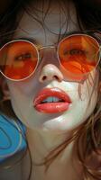 vicino su ritratto di donna indossare arancia occhiali da sole su un' soleggiato giorno foto