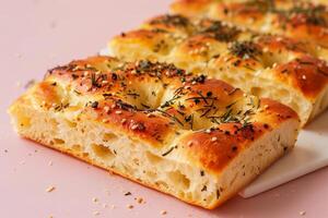 focaccia sormontato con erbe aromatiche su un' leggero rosa per bianca pendenza sfondo, elegante e moderno forno presentazione foto