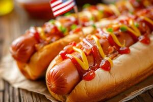 avvicinamento di un' hot dog con un' piccolo americano bandiera incollato nel il superiore ciambella foto