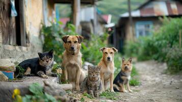 un' gruppo di cani, gatti, api, e diverso pianta nel il serbo villaggio, vuoto spazio per testo foto
