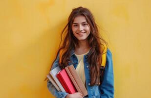 giovane donna alunno sorridente Tenere libri contro giallo parete foto