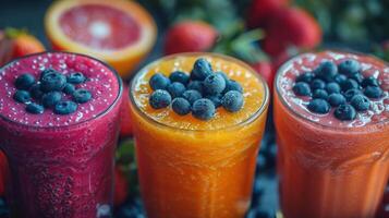 tre colorato frutta frullati su di legno vassoio con fresco frutta foto