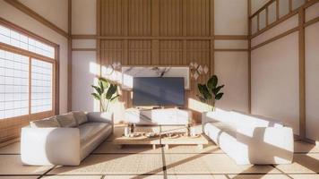 design dell'armadio e legno nella stanza vuota moderna e parete bianca sul pavimento bianco della stanza in stile tropicale. rendering 3d