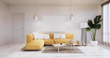 l'interno, il soggiorno moderno e minimalista ha un divano giallo su una parete bianca e un pavimento in piastrelle di granito. Rendering 3d foto