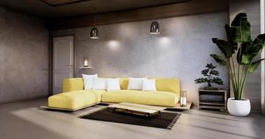 interno, soggiorno moderno e minimalista con divano giallo su parete da concerto e pavimento in piastrelle di granito. Rendering 3d