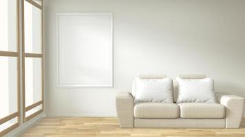 cornice per poster interni mock up soggiorno con divano bianco design minimale. rendering 3D. foto