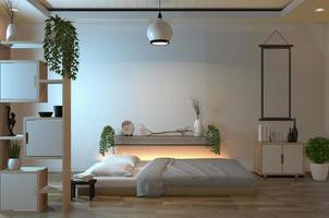 camera da letto moderna e tranquilla. camera da letto in stile zen zen moderno. rendering 3d foto