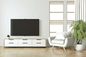 mensola tv in una stanza vuota moderna e piante di decorazione su parete bianca pavimento in legno.3d rendering foto