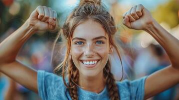 sorridente donna nel rosa serbatoio superiore foto