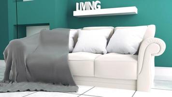 parete verde menta con credenza divano su interno pavimento in ceramica foto