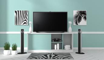 tv su mobile in soggiorno moderno su sfondo blu parete, rendering 3d