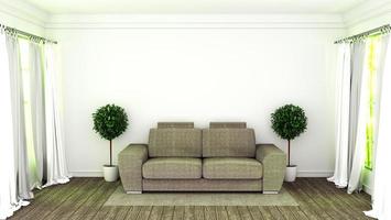 camera interna moderna con divano e piante verdi in camera bianca, rendering 3d foto