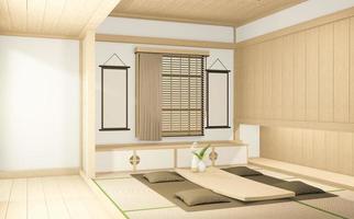mobile tv e poltrona stile giapponese su camera ryokan design minimal. rendering 3d foto