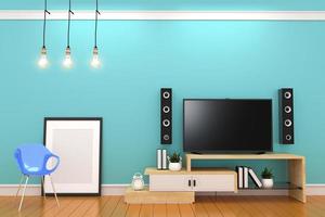 parete menta su pavimento arancione con smart tv su carabine, telaio e design della lampada. rendering 3d foto