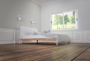 interno della camera da letto con letto e cuscino con due lampade, pavimento in legno su fondo bianco della parete. rendering 3d foto