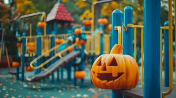 a tema halloween vuoto terreno di gioco con jack-o-lanterna decorazione nel messa a fuoco. concetto di Halloween decorazione, bambini terreno di gioco, festivo atmosfera, autunno stagione foto