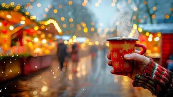 accogliente inverno scena con un' mano Tenere un' cottura a vapore rosso boccale nel un' festivo vacanza mercato. concetto di caldo bevande, vacanza allegria, inverno, festivo mercati. Natale foto