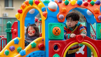 Due asiatico bambini giocando su un' colorato terreno di gioco. giovane bambini godendo un' luminosa e giocoso giocare struttura. concetto di infanzia divertimento, all'aperto attività, terreno di gioco attrezzatura foto