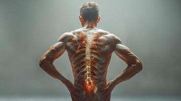 muscolare bianca uomo con evidenziato colonna vertebrale sperimentare inferiore indietro dolore. concetto di umano anatomia, muscolo struttura, spinale Salute, e dolore gestione foto
