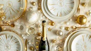 elegante vacanza tavolo ambientazione con Champagne bottiglia circondato di d'oro e argento decorazioni. concetto di festivo celebrazione cena, Natale, nuovo anno, festa arredamento foto